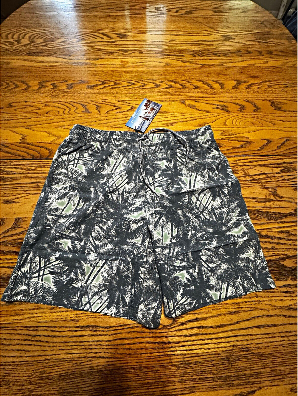 ZRAKCHER Men’s Swim Shorts S Gray Green Palm Tree Mesh Lined Pockets Drawstring